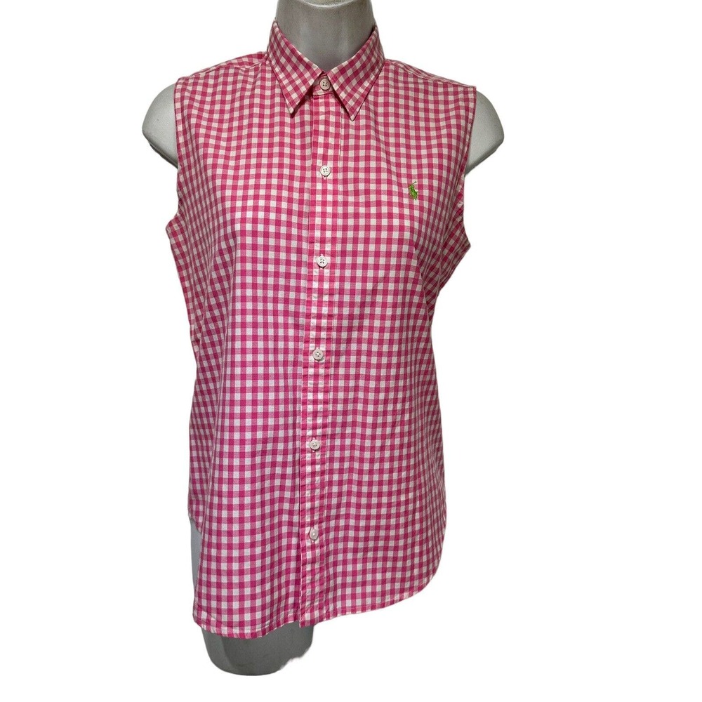 Ralph Lauren Pink and White Gingham Sleeveless Button-Up Blouse